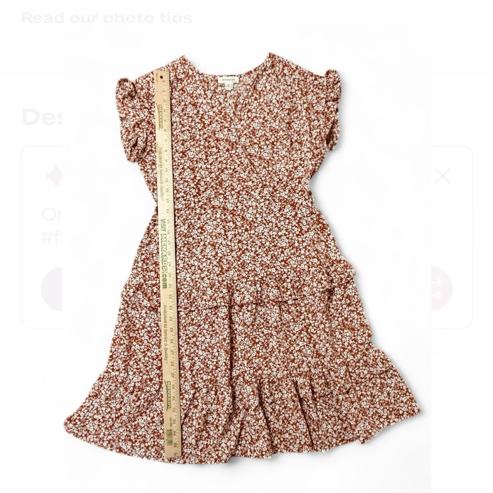 MONTEAU Brown & White Floral Midi Dress L, Short Sleeves V Neck Tiered Skirt - Picture 6 of 7